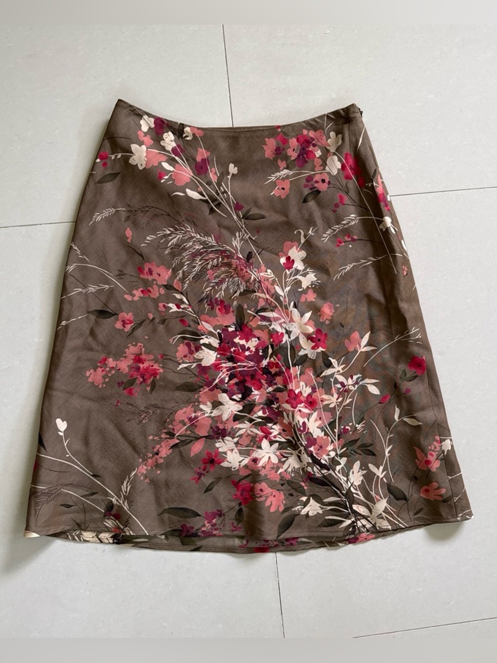 LOFT Brown Midi Skirt with Pink and Cream Floral Pattern Wool and Silk